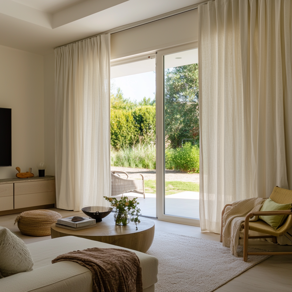 Cream Linen S-Fold Curtains for Sliding Doors in a Living Room with Beige Walls
@Heading: S-Fold