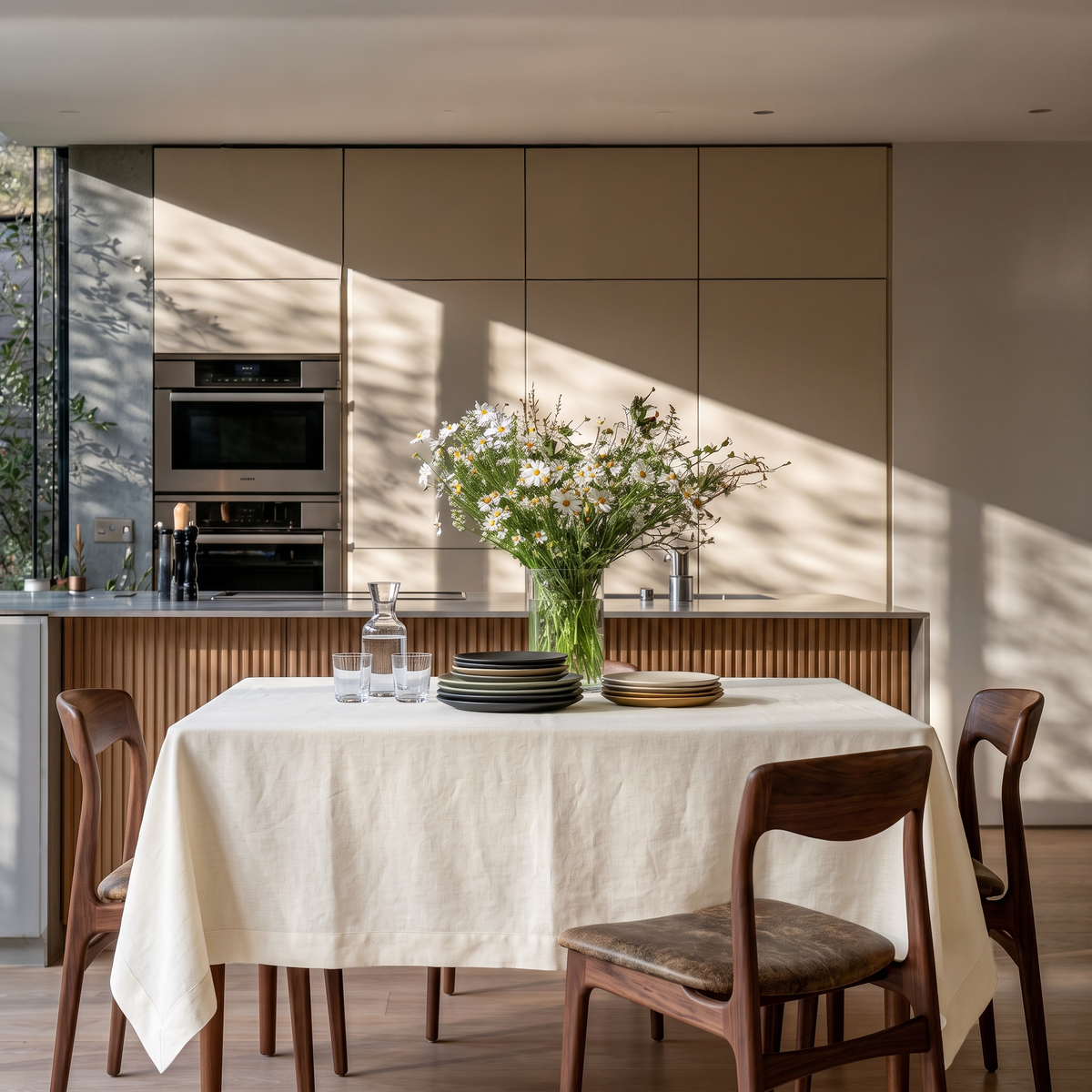 Cream Rectangular Linen Tablecloth in a Modern Kitchen with Walnut Chairs and Wildflower Centerpiece