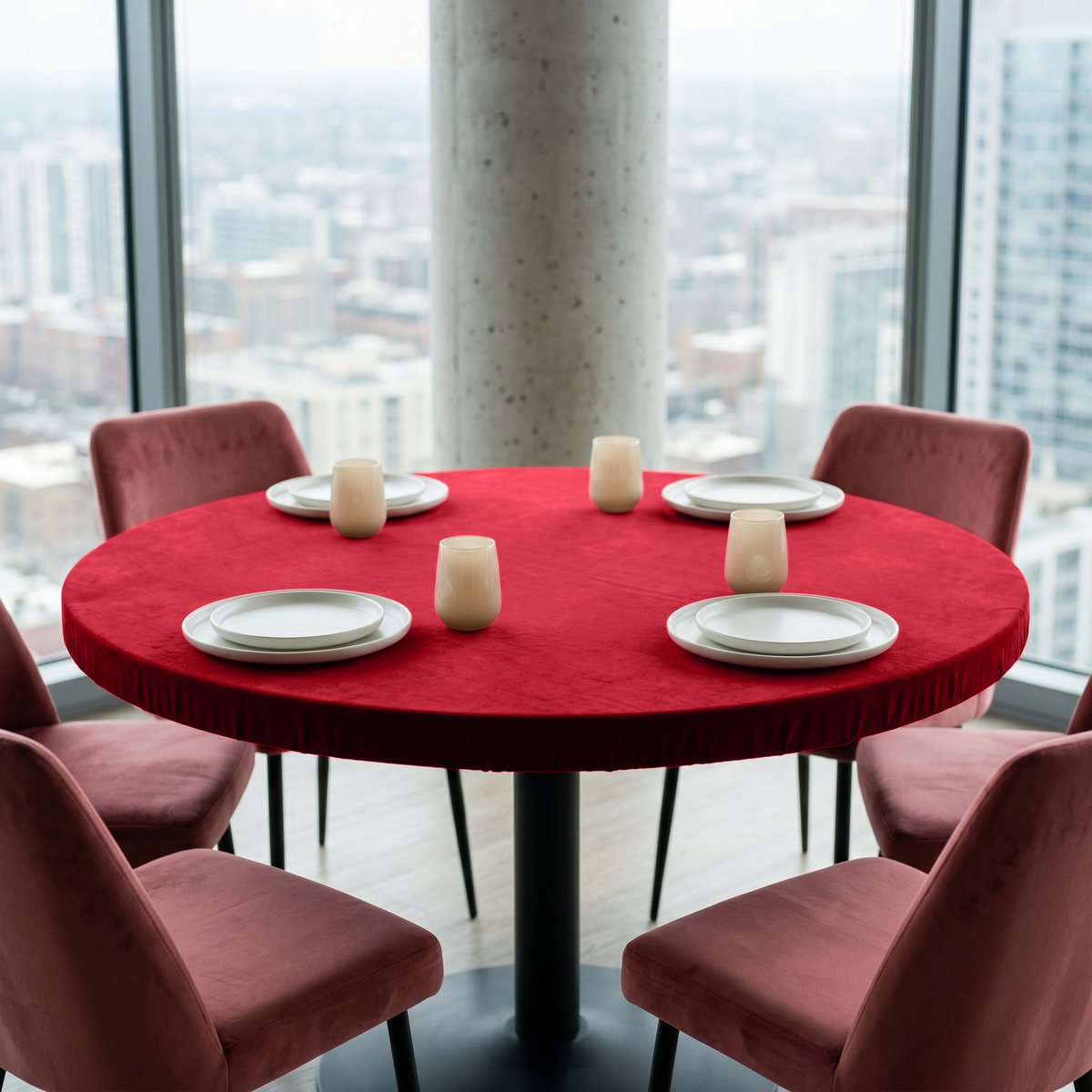 Dark Deep Red Fitted Velvet Round Tablecloth in a High-Rise Dining Nook with Blush Velvet Chairs