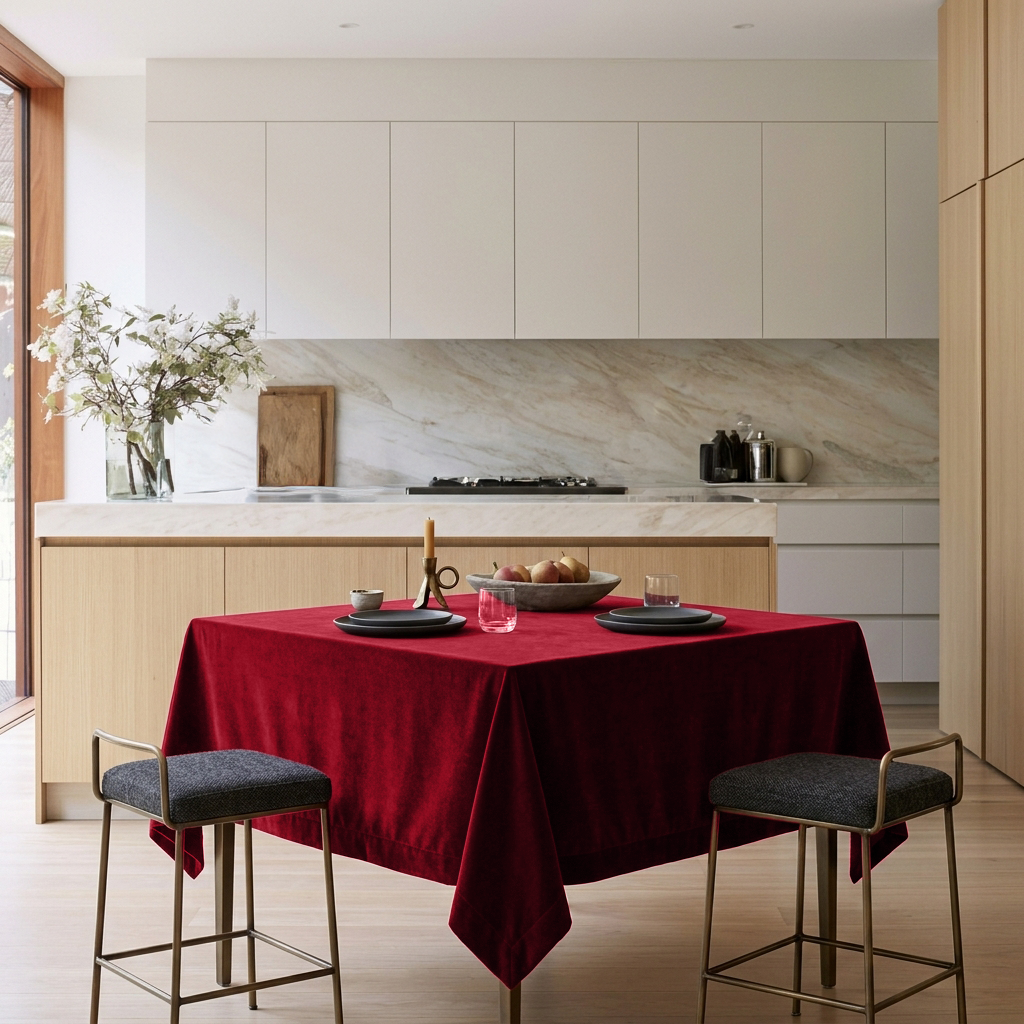 Dark Deep Red Square Velvet Tablecloth in a Modern Kitchen with Light Wood Cabinetry and Marble Backsplash
