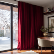 Dark Deep Red Velvet Back Tab Blackout Curtains for Sliding Doors in a Living Room with Beige Walls