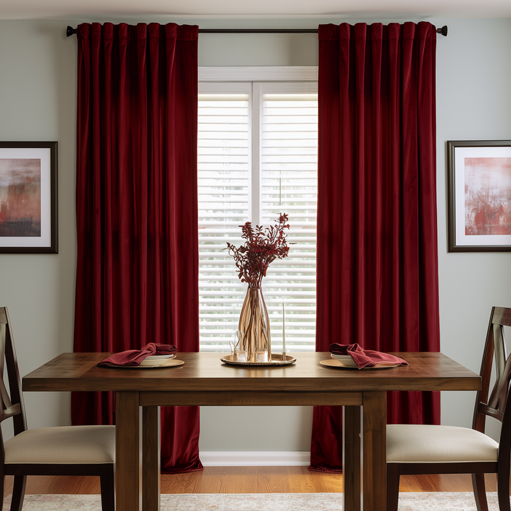 Dark Deep Red Velvet Dining Room Curtains in a Dining Room with Light Gray Walls and a Brown Dining Table, Red Flower Vase
