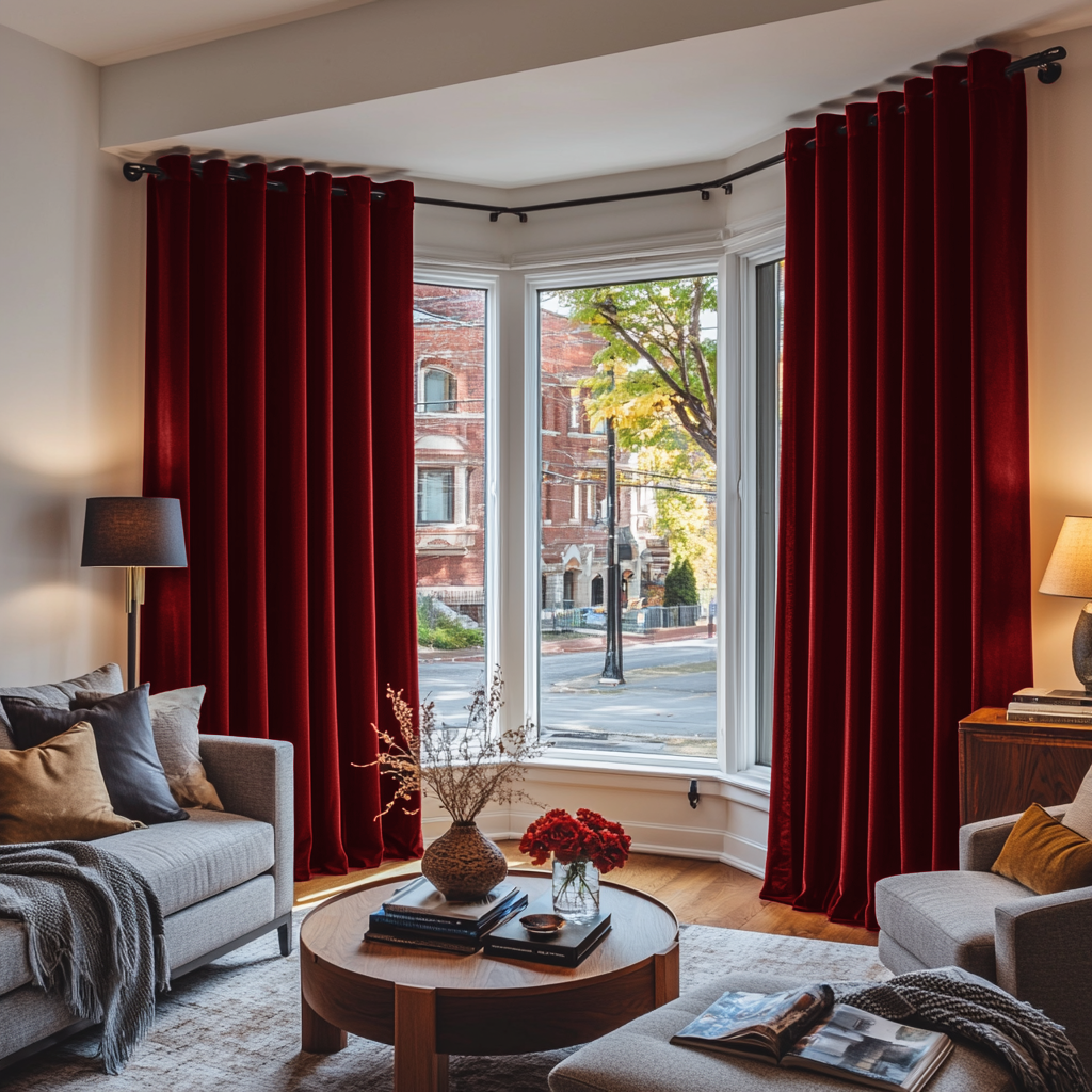 Dark Deep Red Velvet Blackout Grommet Bay Window Curtain