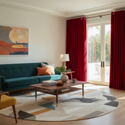 Dark Deep Red Velvet Grommet Blackout Curtains in a Living Room with Off-White Walls