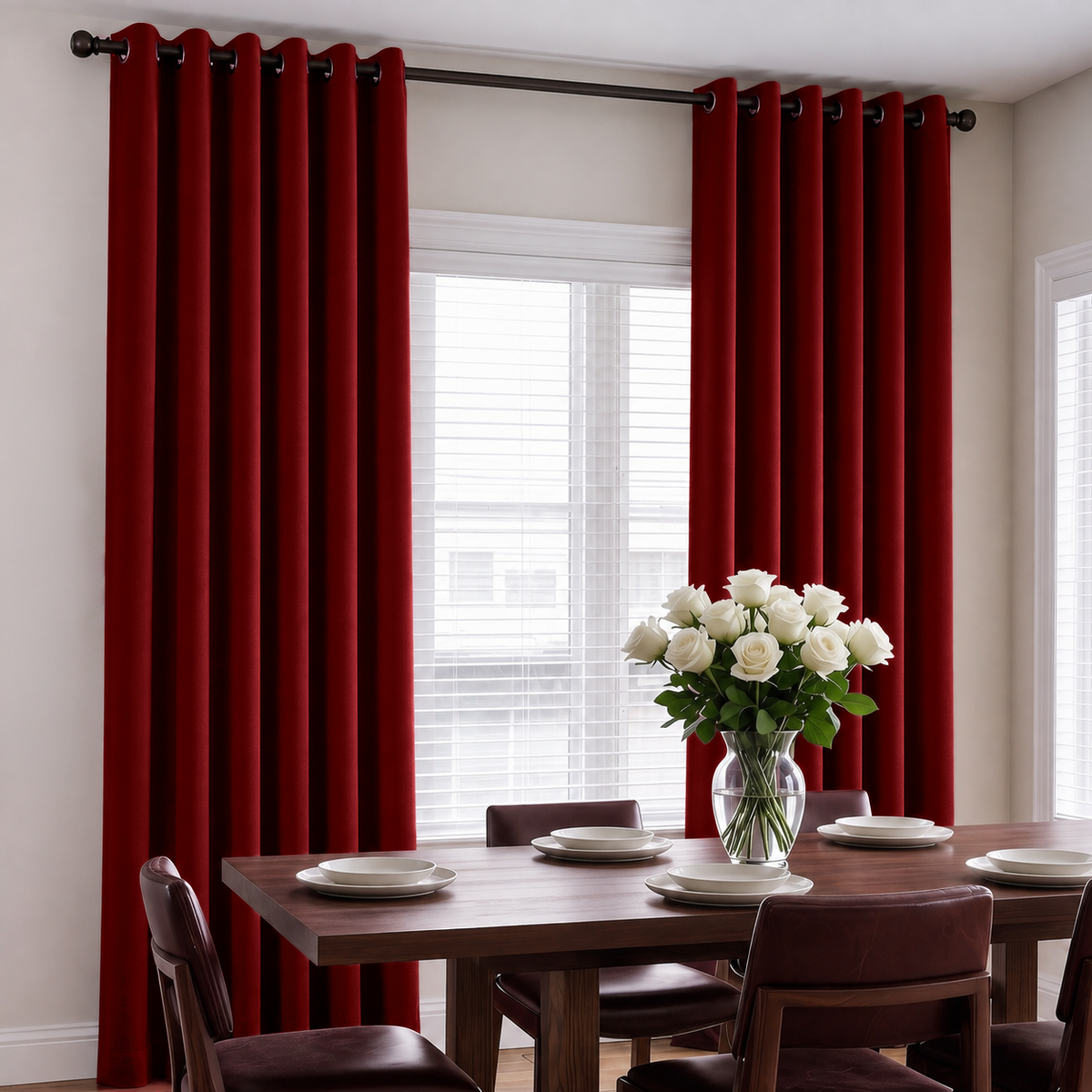 Dark Deep Red Velvet Dining Room Curtains in a Dining Room with Beige Walls and a Brown Dining Table, White Flower Vase