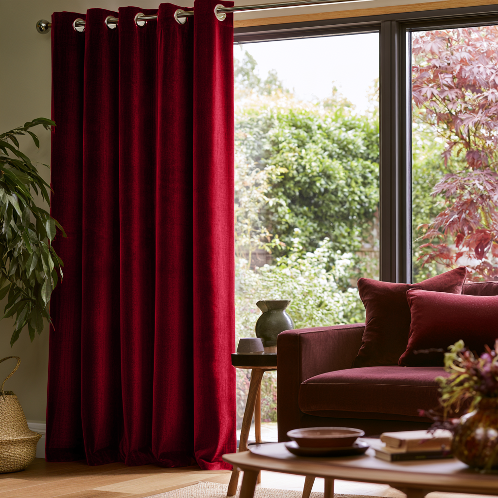 Dark Deep Red Velvet Grommet Extra Long Curtains in a Cozy Contemporary Living Room with Garden View and Large Windows