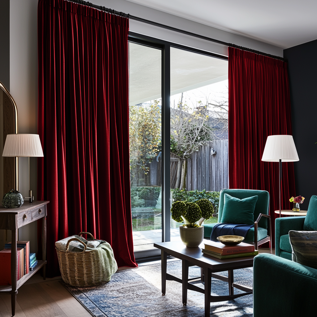 Dark Deep Red Velvet Pencil Pleat Blackout Curtains for Sliding Doors in a Living Room with Charcoal Walls