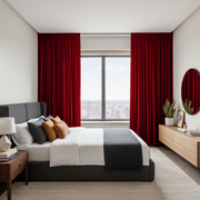 Dark Deep Red Velvet Pencil Pleat Blackout Curtains in a Bedroom with White Walls