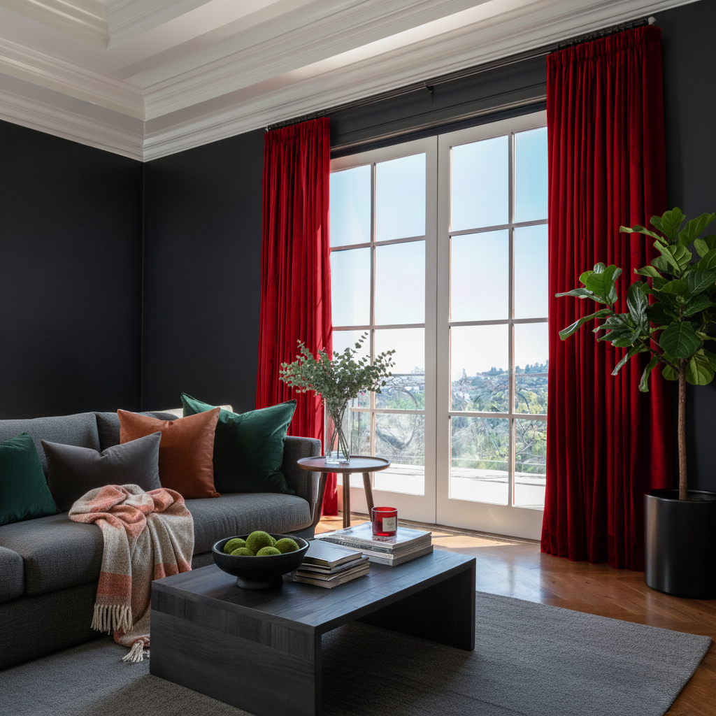 Dark Deep Red Velvet Pencil Pleat Blackout Curtains in a Living Room with Black Walls
