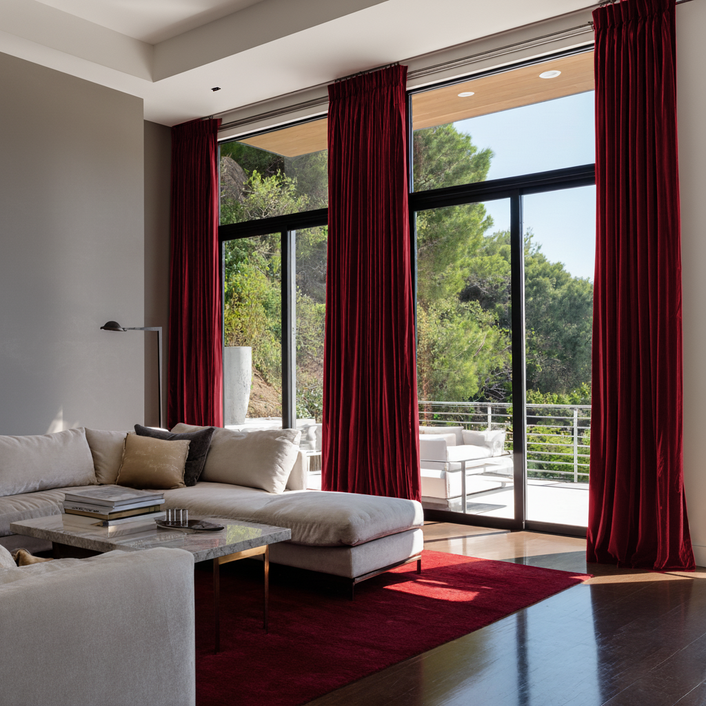 Dark Deep Red Velvet Pencil Pleat Blackout Curtains in a Living Room with Grey Walls