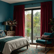 Dark Deep Red Velvet Pinch Pleat Blackout Curtains for Sliding Doors in a Bedroom with Teal Walls