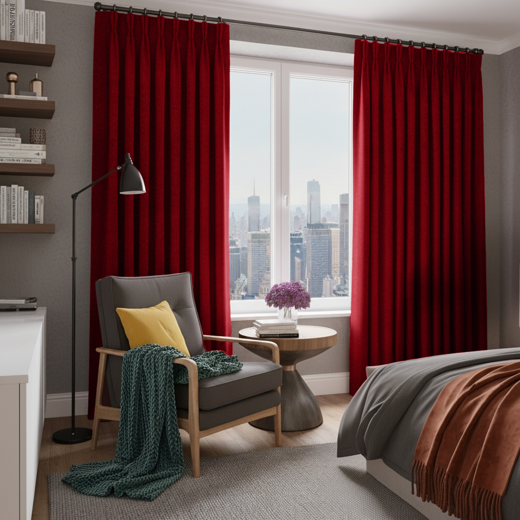 Dark Deep Red Velvet Pinch Pleat Blackout Curtains in a Bedroom with Grey Walls