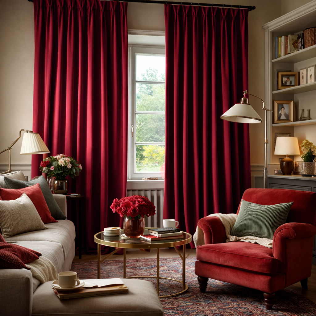 Dark Deep Red Velvet Pinch Pleat Blackout Curtains in a Living Room with Beige Walls