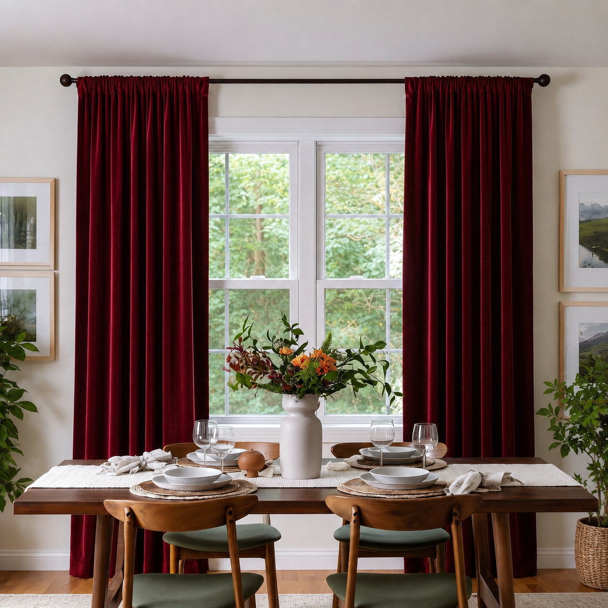 Dark Deep Red Velvet Dining Room Curtains in a Dining Room with White Walls and a Brown Dining Table, White Flower Vase
