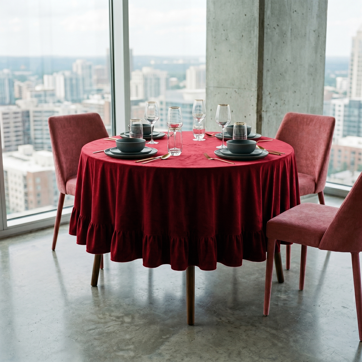 Dark Deep Red Velvet Round Ruffle Tablecloth in a City Dining Room with Floor-To-Ceiling Windows and Rose Upholstery