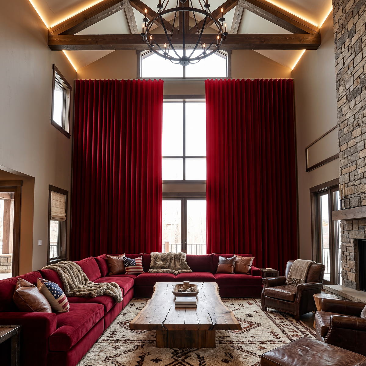 Dark Deep Red Velvet S-Fold Extra Long Curtains in a Rustic Contemporary Living Room with Stone Fireplace and Vaulted Ceiling