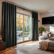 Dark Grey Velvet Back Tab Sliding Patio Door Curtains in a Transitional Living Room with Neutral Seating