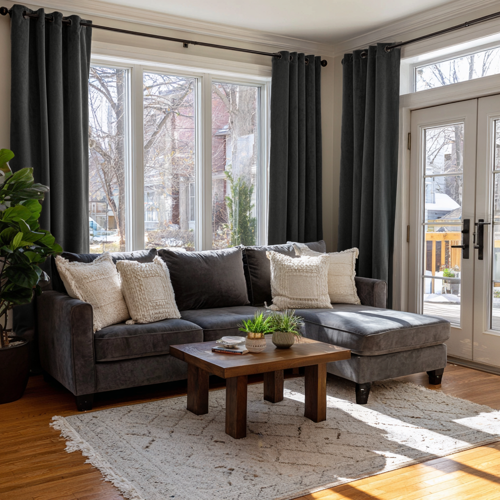 Dark Grey Velvet Grommet Curtains in a Bright Living Room with a Sectional Sofa