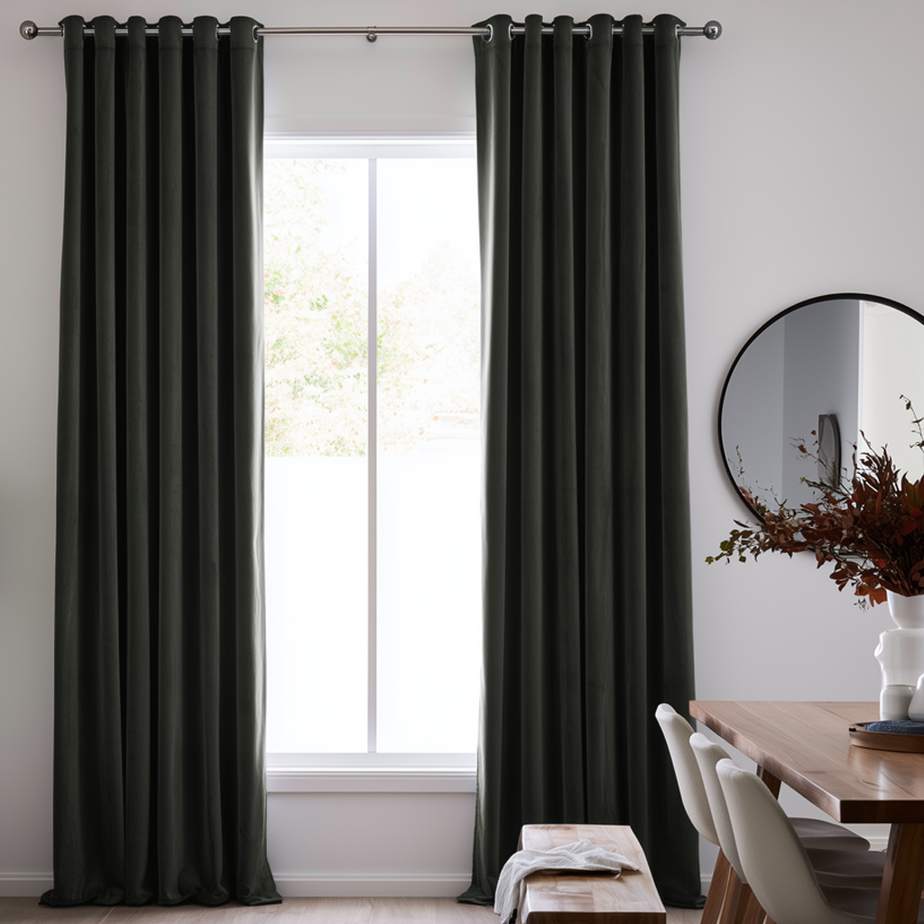 Dark Grey Velvet Curtains in a Spacious Dining Room with White Walls and a Brown and Grey Table, Soft White Chairs