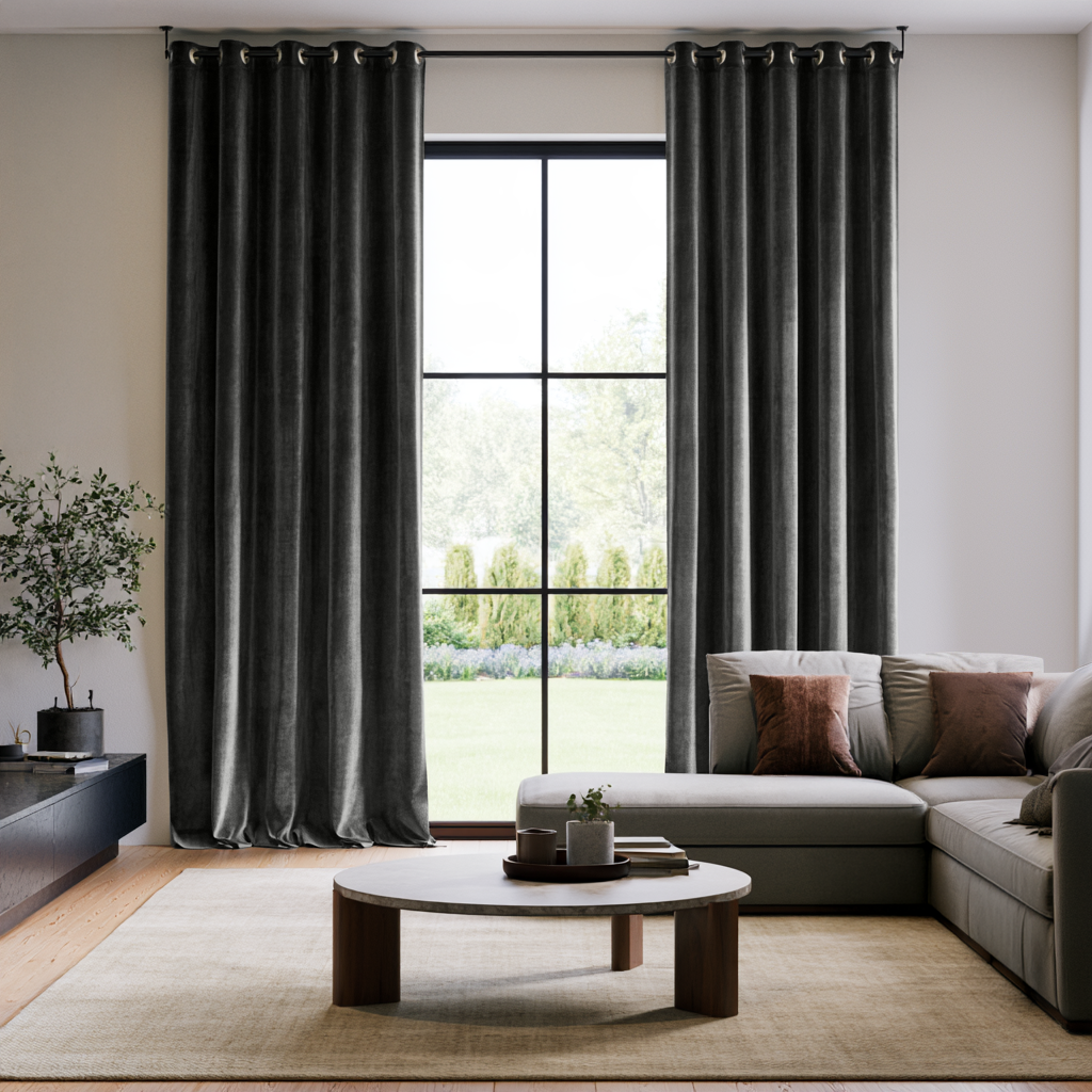 Dark Grey Velvet Grommet Extra Long Curtains in a Contemporary Living Room with Sectional Sofa and a Large Multi-Pane Window