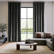 Dark Grey Velvet Grommet Extra Long Curtains in a Contemporary Living Room with Sectional Sofa and a Large Multi-Pane Window