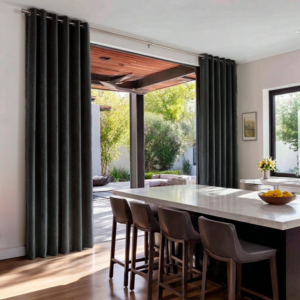 Dark Grey Velvet Grommet Sliding Patio Door Curtains in a Modern Kitchen with a Marble Island