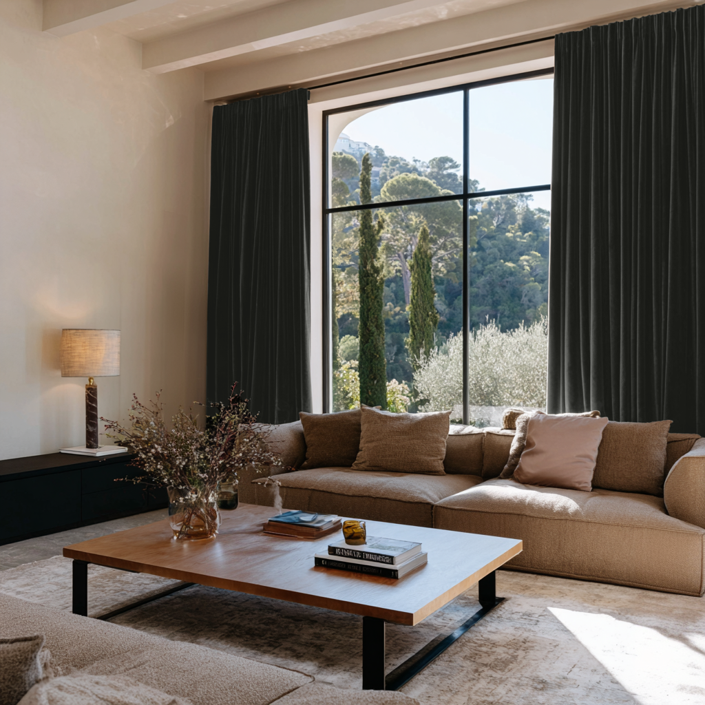 Dark Grey Velvet Multitape Soundproof Curtains in a Mediterranean-Inspired Living Room with a Low Neutral Sofa