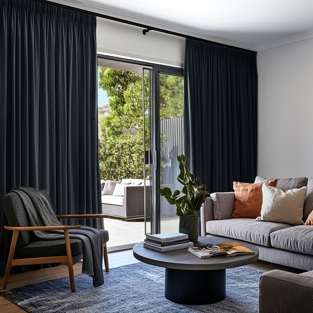 Dark Grey Velvet Pencil Pleat Blackout Curtains for Sliding Doors in a Living Room with White Walls
@Heading: Pencil Pleat