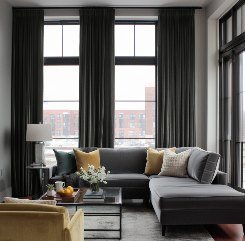 Dark Grey Velvet Pencil Pleat Curtains in a Contemporary Living Room with a Charcoal Sectional