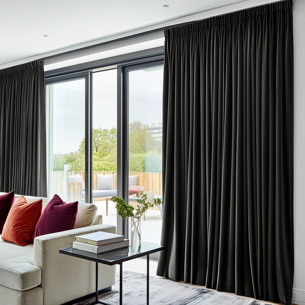 Dark Grey Velvet Pencil Pleat Sliding Patio Door Curtains in a Contemporary Living Room with a White Sofa