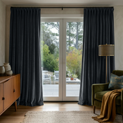 Dark Grey Velvet Pinch pleat Blackout Curtains for Sliding Doors in a Living Room with Cream Walls
@Heading: Pinch Pleat