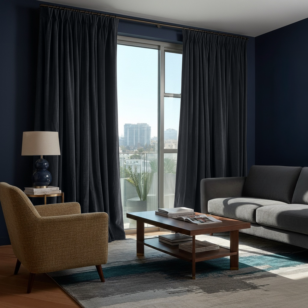 Dark Grey Velvet Pinch Pleat Blackout Curtains in a Living Room with Navy Blue Walls