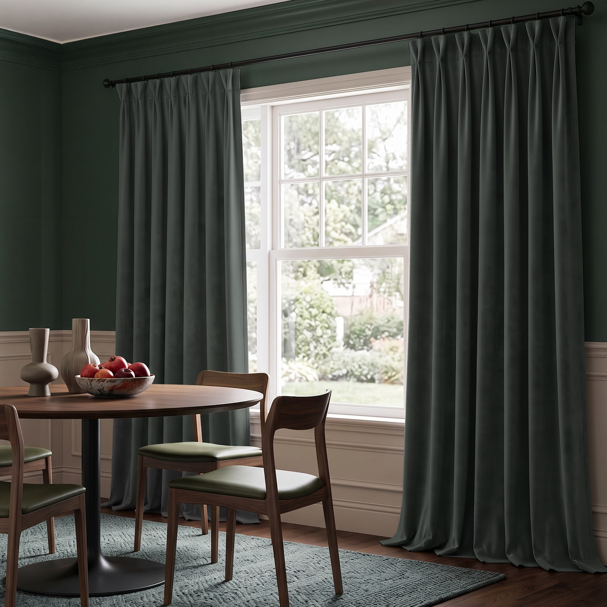 Elegant floor-length Dark Grey curtains framing a large window in a stylish dining room