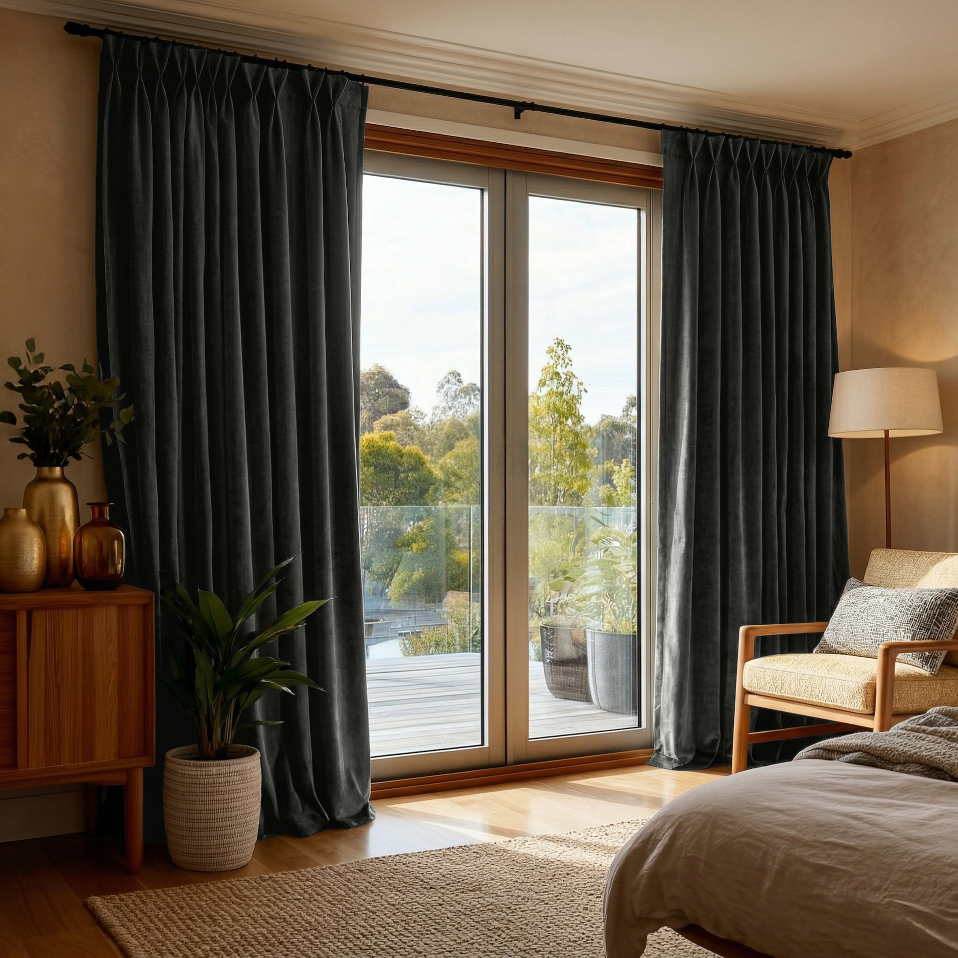 Dark Grey Velvet Pinch Pleat Sliding Patio Door Curtains in a Warm Modern Bedroom with Wood Furniture