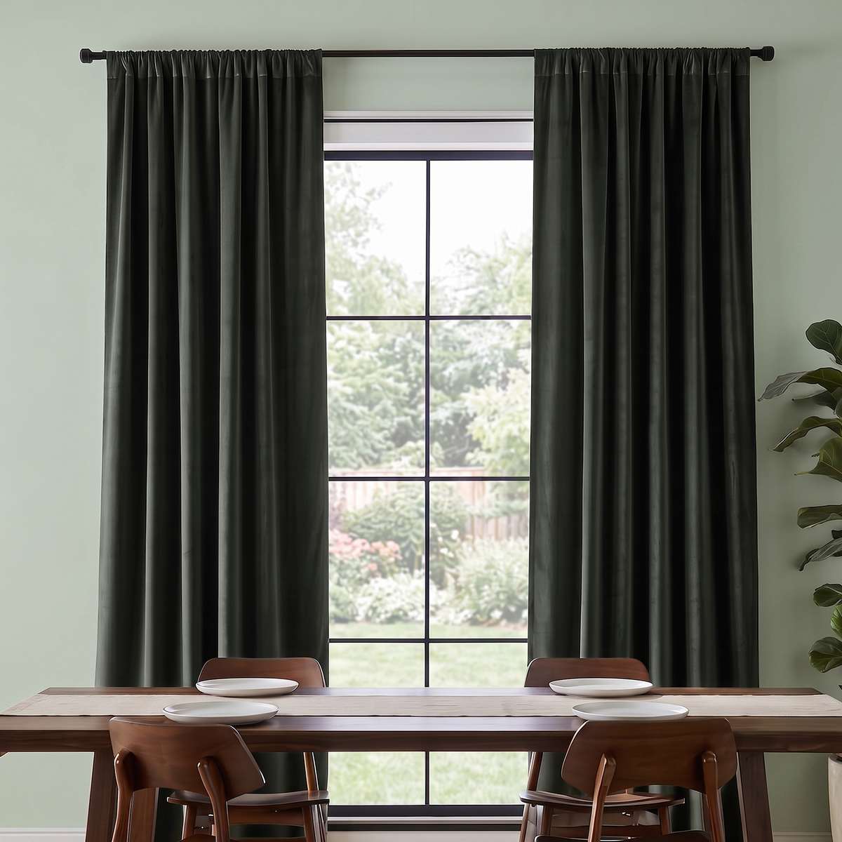 Dark Grey Velvet Curtains in a Spacious Dining Room with White Walls and a Large Brown Table
