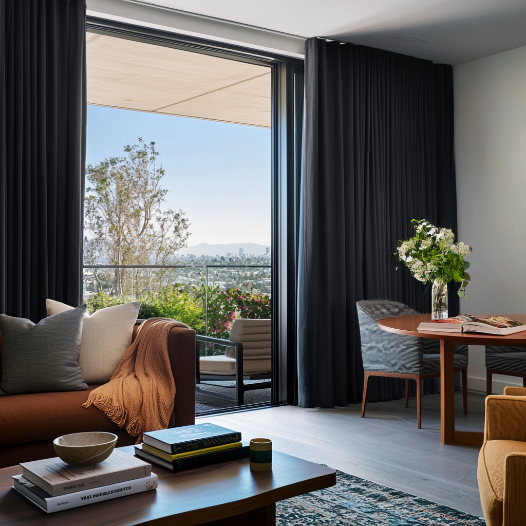 Dark Grey Velvet S-Fold Blackout Curtains for Sliding Doors in a Living Room with White Walls
@Heading: S-Fold
