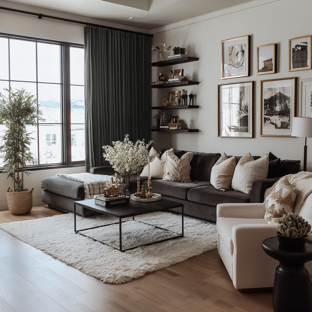 Dark Grey Velvet S-Fold Curtains in a Contemporary Living Room with a Charcoal Sectional