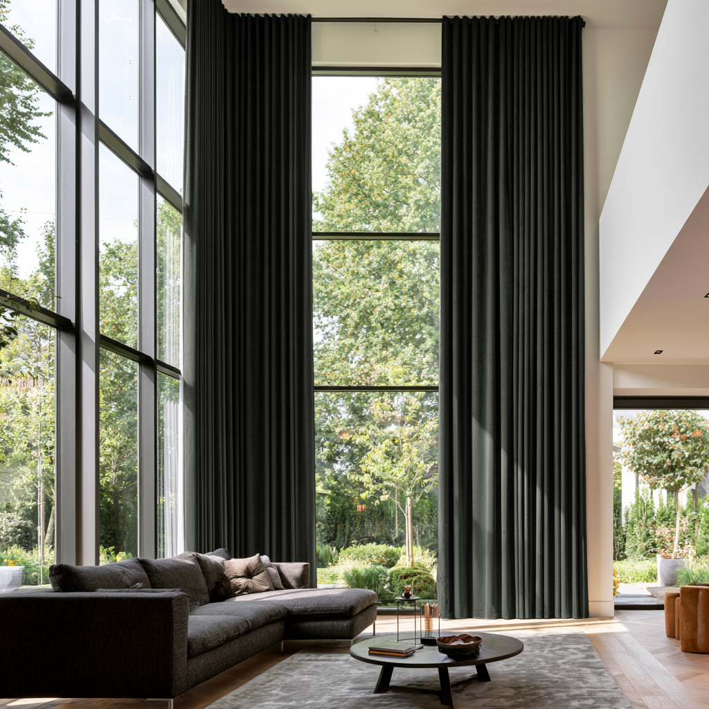 Dark Grey Velvet S-Fold Extra Long Curtains in a Modern Double-Height Living Room with Tall Industrial-Style Windows and Charcoal Sectional Sofa