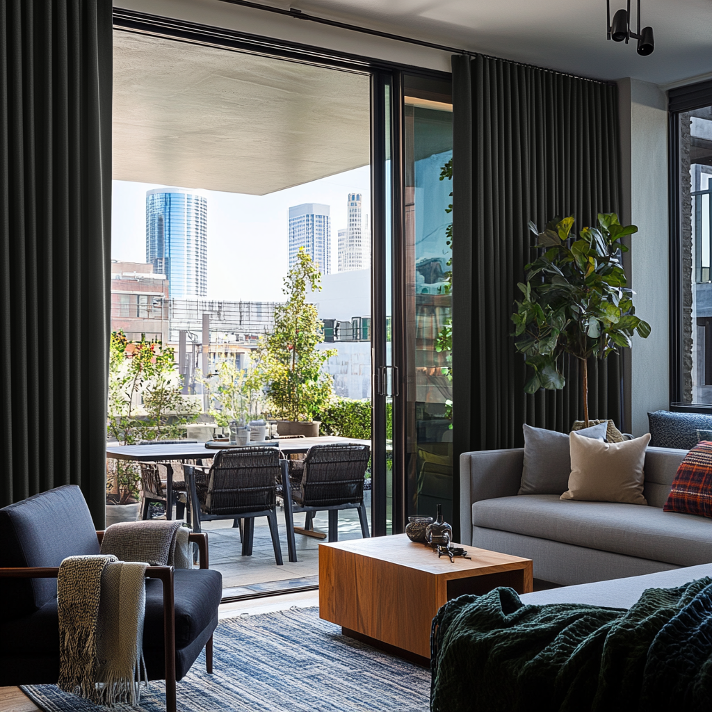 Dark Grey Velvet S-Fold Sliding Patio Door Curtains in a Contemporary Living Room with a Rooftop Terrace