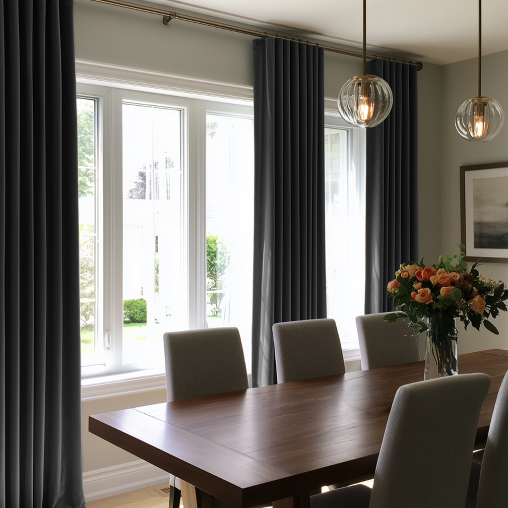 Dark Gray Velvet Curtains in a Spacious Dining Room with White Walls and a Large Brown Table, Soft White Chairs