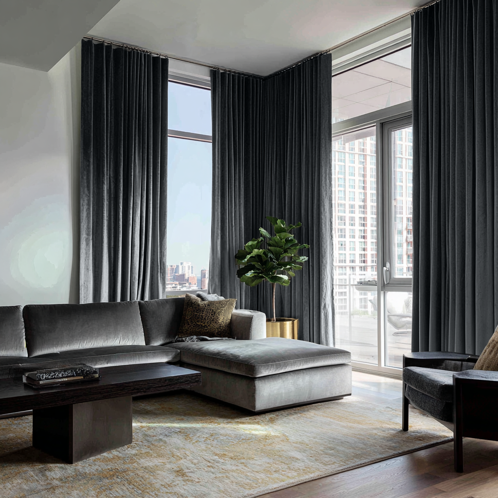 Dark Grey Velvet Thermal Curtains with Multitape