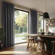Dim Grey Linen Back Tab Curtains for Sliding Doors in a Kitchen with Warm White Walls - Cotton Lining
@Heading: Back Tabs