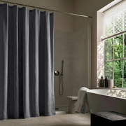 Dim Grey Linen Button-Hole Top Shower Curtain in a Modern Bathroom with Beige Tile