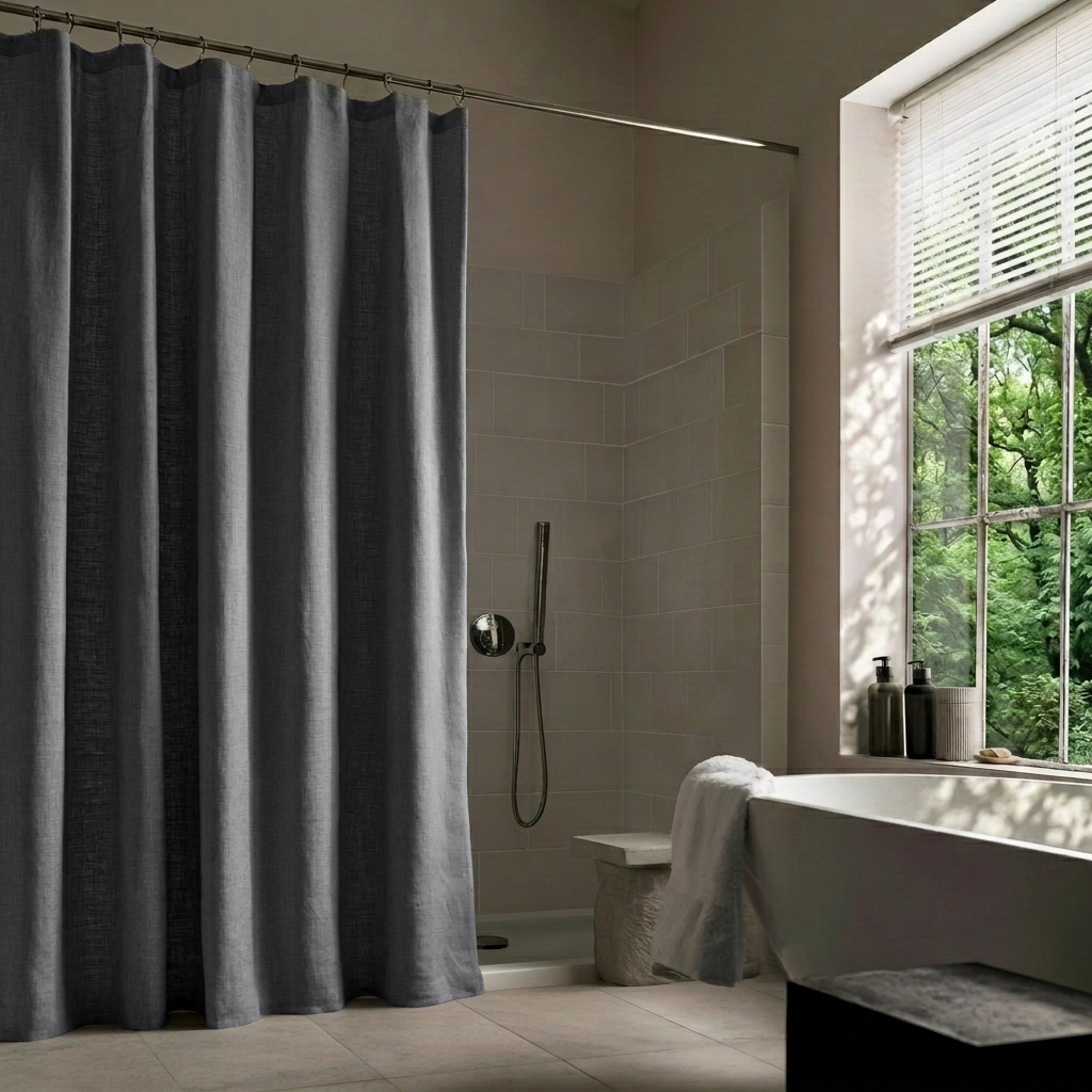 Dim Grey Linen Button-Hole Top Shower Curtain in a Modern Bathroom with Beige Tile