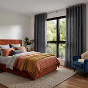 Dim Grey Linen Grommet Curtains in a Cozy Modern Bedroom With Warm White Walls - Cotton Lining