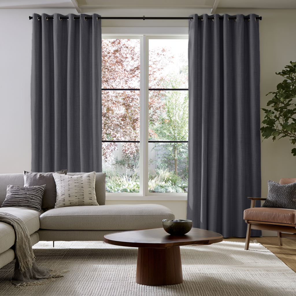 Dim Grey Linen Grommet Extra Long Curtains in a Modern Living Room with a Garden View and Neutral Upholstery
