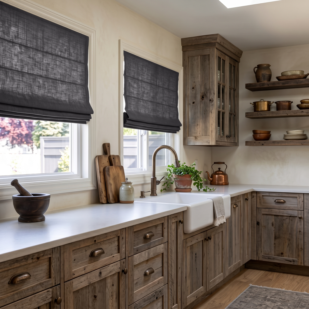 Dim Grey Linen Roman Shades in a Rustic Kitchen with Natural Wood Cabinetry - Cotton Lining