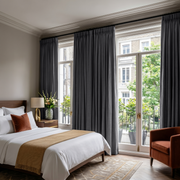 Dim Grey Linen Pencil Pleat Curtains in a Moody Sage Bedroom with Cool Blue Accents - Cotton Lining
