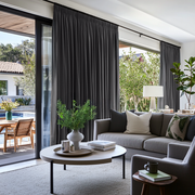 Dim Grey Linen Pencil Pleat Curtains for Sliding Doors in a Living Room with Bright White Walls - Blackout Lining
@Heading: Pencil Pleat