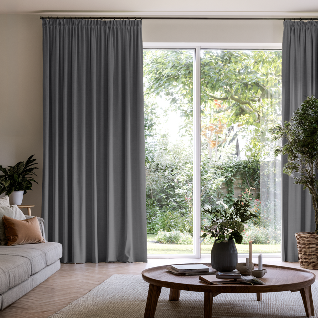 Dim Grey Linen Pencil Pleat Extra Long Curtains in a Contemporary Living Room with a Garden View and Natural Wood Furniture